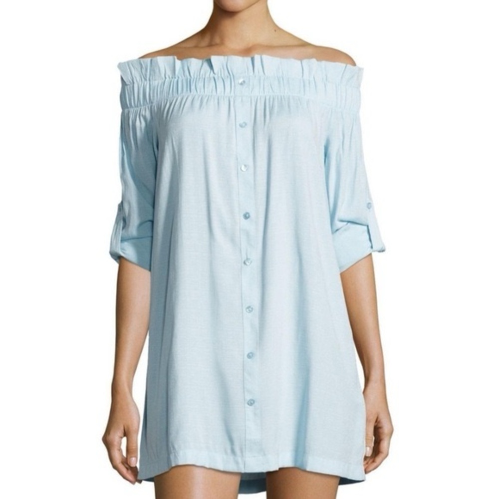 MinkPink Light Blue Off-Shoulder Button-Up Dress